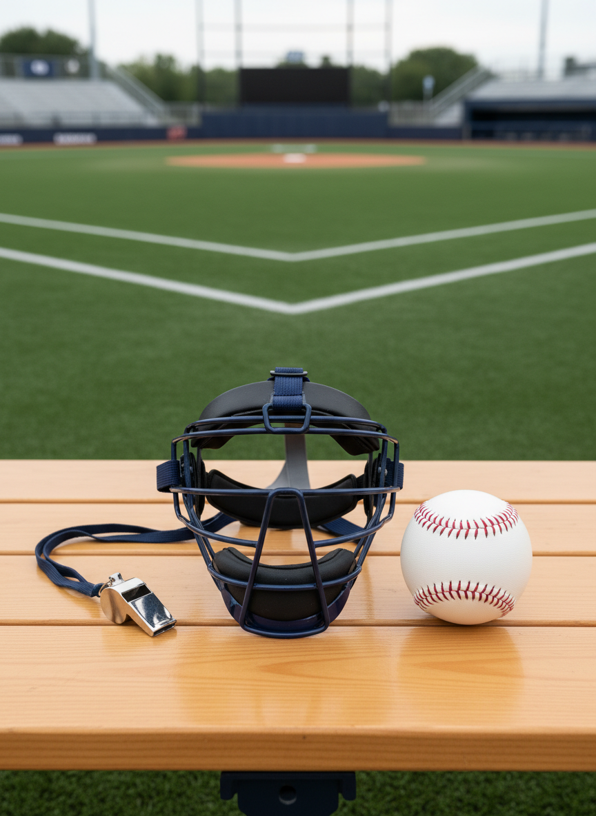 A collection of perfectly maintained, navy blue and white softball equipment—an umpire's mask crafted from high-grade alloy with matte black padding, a polished silver whistle, and a regulation-size softball with pristine white leather and prominent red stitching. This gear is carefully arranged on a smooth, neutral-toned wooden bench, set against the backdrop of an immaculately kept softball field with symmetrical white baselines visible in the distance. The scene is lit with soft, natural daylight, casting gentle, crisp shadows and highlighting the sleek surfaces. The composition is balanced and deliberate, shot from an eye-level, centered perspective, evoking a mood that is resolute, professional, and clean. The image style is photographic realism, supporting a structured, corporate aesthetic suitable for a professional sports association website.