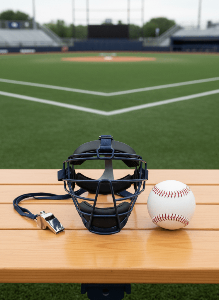 A collection of perfectly maintained, navy blue and white softball equipment—an umpire's mask crafted from high-grade alloy with matte black padding, a polished silver whistle, and a regulation-size softball with pristine white leather and prominent red stitching. This gear is carefully arranged on a smooth, neutral-toned wooden bench, set against the backdrop of an immaculately kept softball field with symmetrical white baselines visible in the distance. The scene is lit with soft, natural daylight, casting gentle, crisp shadows and highlighting the sleek surfaces. The composition is balanced and deliberate, shot from an eye-level, centered perspective, evoking a mood that is resolute, professional, and clean. The image style is photographic realism, supporting a structured, corporate aesthetic suitable for a professional sports association website.